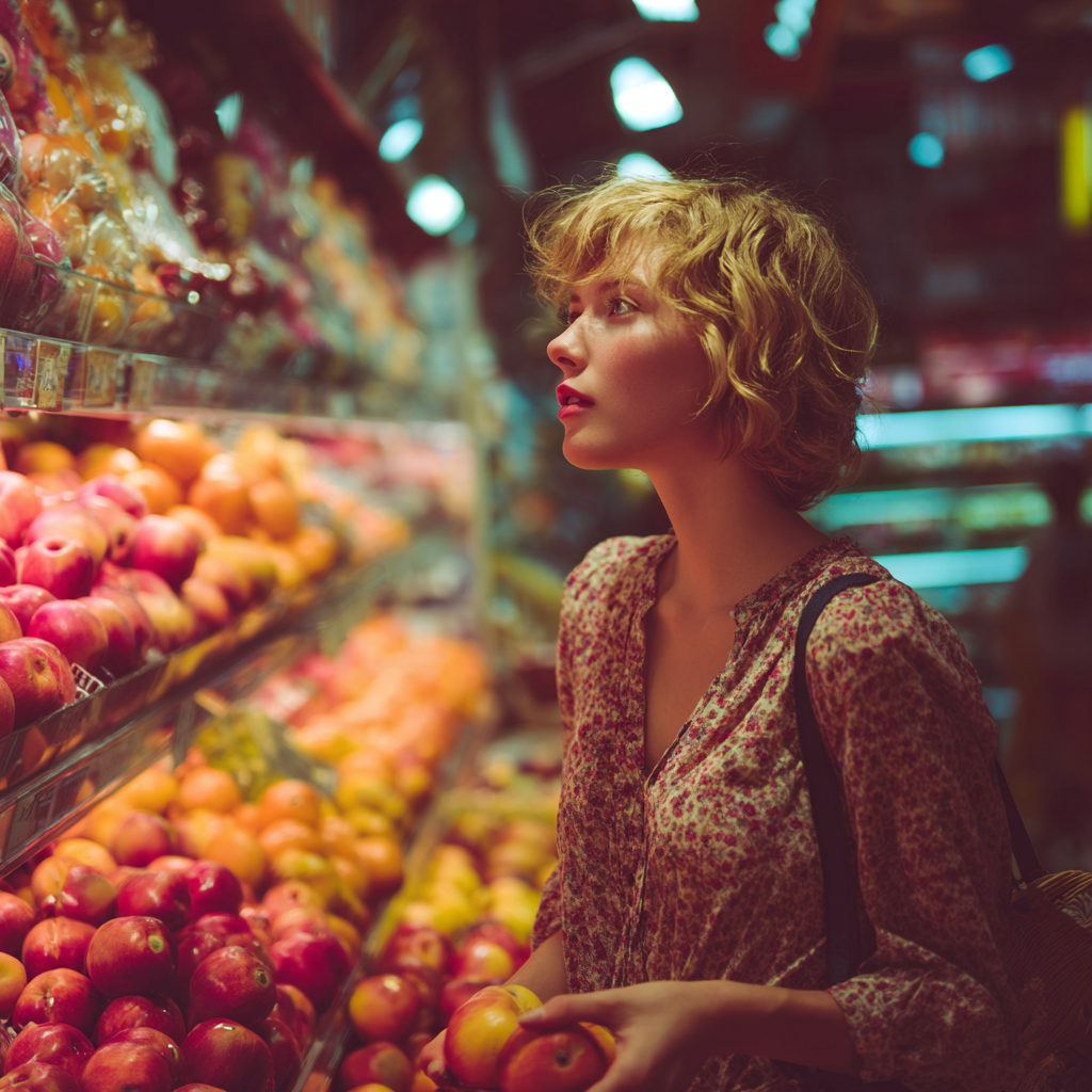 Дівчина обирає фрукти в супермаркеті