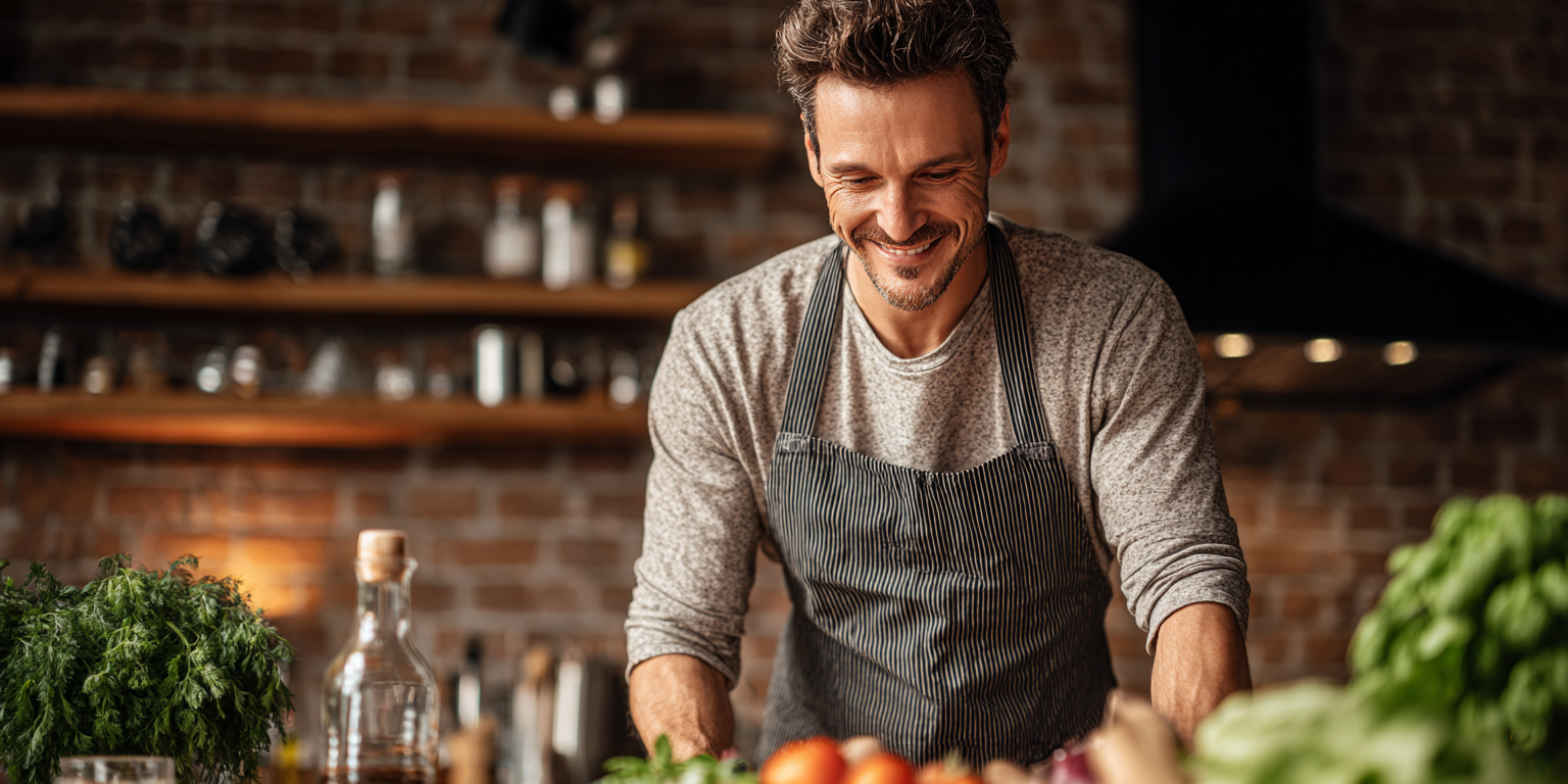 Людина із посмішкою насолоджується свіжими фруктами та овочами